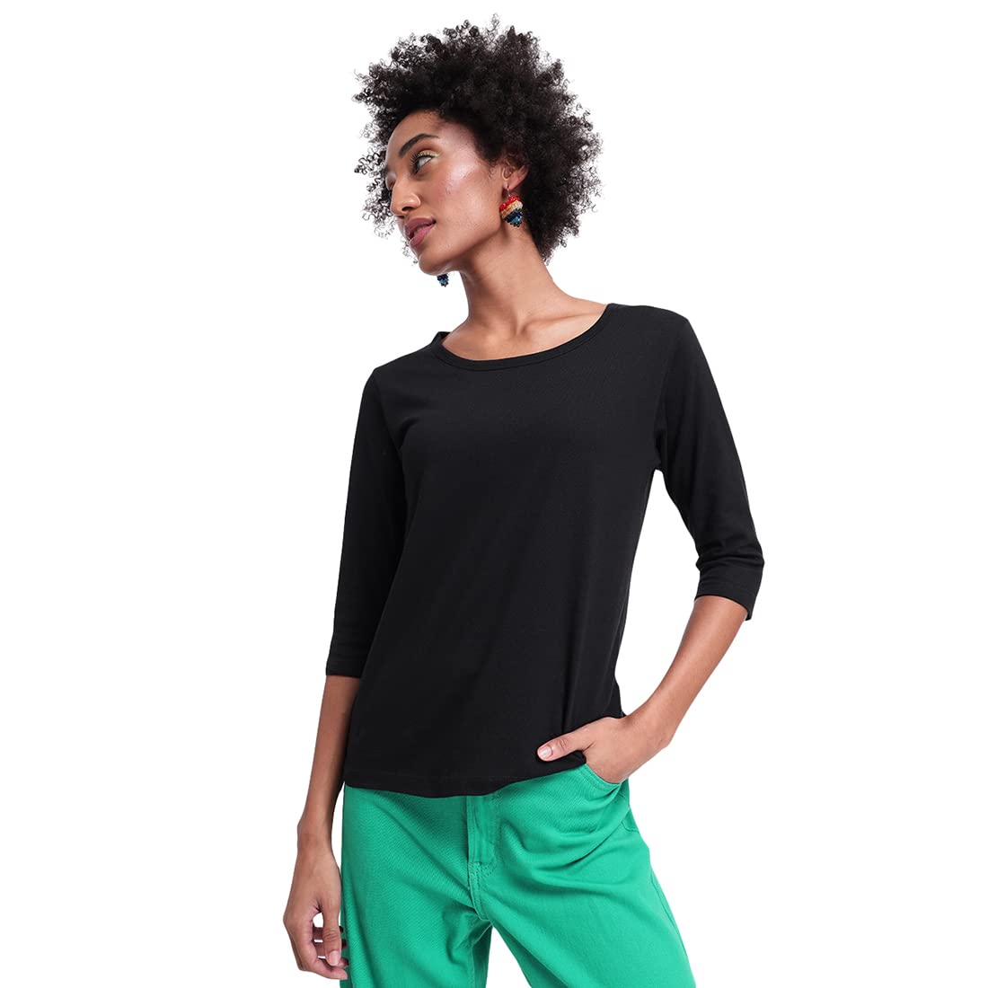 Bewakoof Womens Solid 100% Cotton T-Shirt - Slim Fit, Round Neck, 3/4 Sleeves