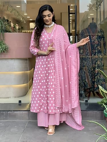 Pinkmint Polka Dot Printed Anarkali Muslin Kurta Set with Striped Palazzo & Dupatta Set for Women Elgant Festive & Casual wear P