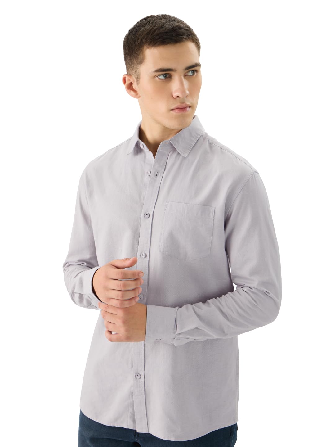 The Souled Store Solids: Cloud Grey Men and Boys Long Sleeve Collared Neck Button Front Regular Fit Cotton Linen Shirts