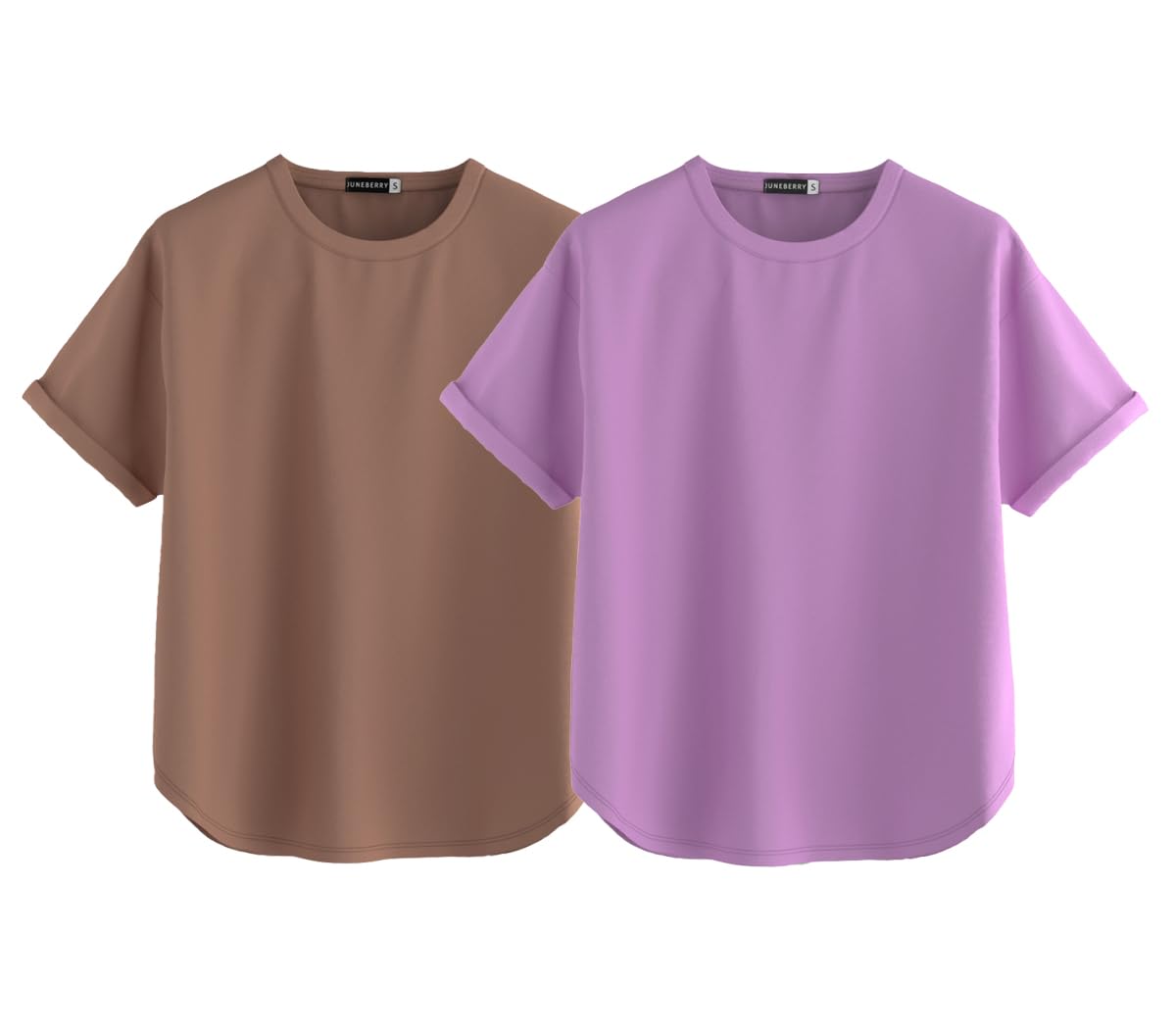 Juneberry Pure 100% Cotton Oversized Loose Baggy Fit Round Neck With Drop Shoulder Cork & Lilac Half Sleeves Boyfriend T-Shirt F