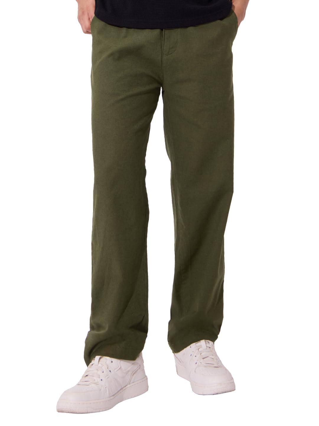 The Souled Store Solids: Olive Green Men and Boys Buttoned Straight Fit Cotton Linen Pants