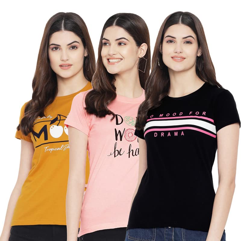 Preneum Womens Cotton Regular Fit Latest Graphic Stylish Printed Short Sleeves Casual T-Shirt || Trend Styles (Pack 3), Yellow