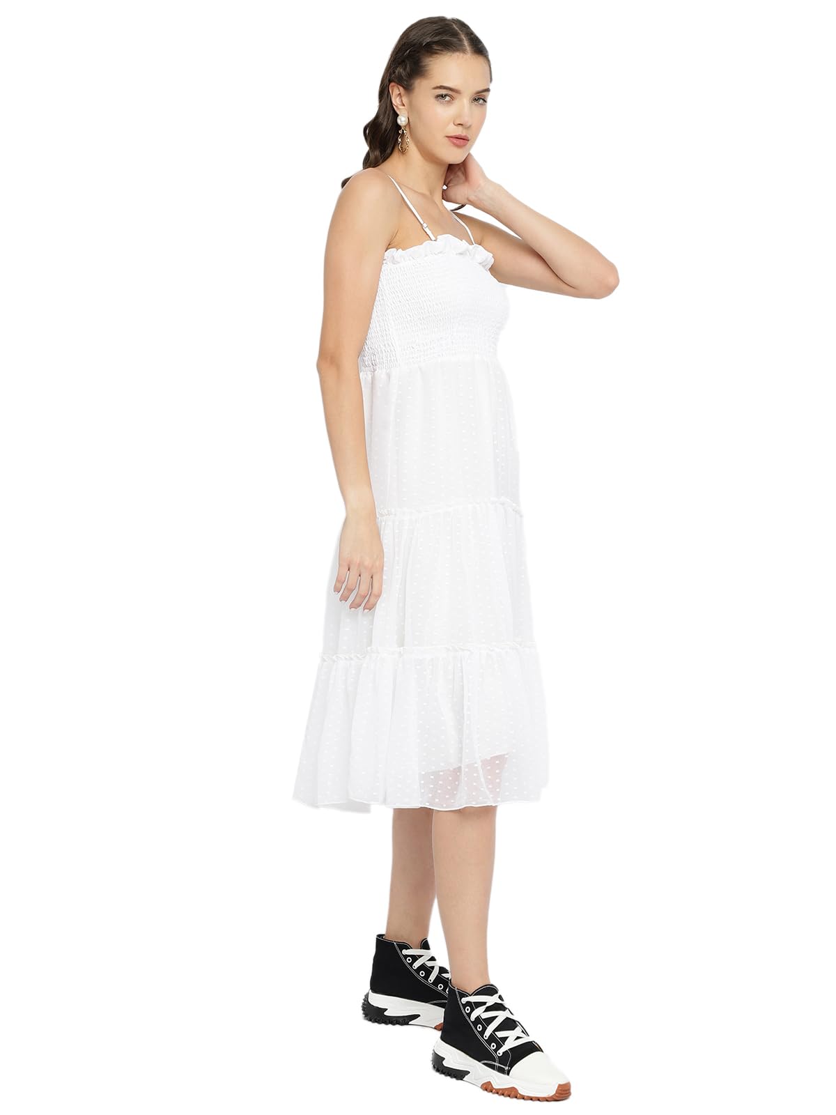 Avanova Jacquard Georgette Butti Black Off Shoulder Knee Length Western Dresses For Women