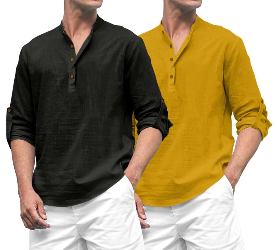 Royalscout Combo Of MenS Solid Cotton Blend Full Sleeve Straight Kurta Shirt (Pack Of 2) Black-Gold