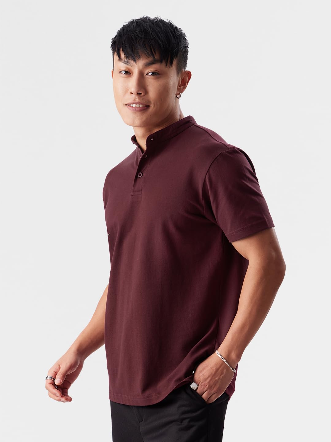 The Souled Store Solids: Burgundy Mens & Boys Regular Fit Solid Half Sleeve Cotton Burgundy Mandarin Polos Mens Polos Graphic t