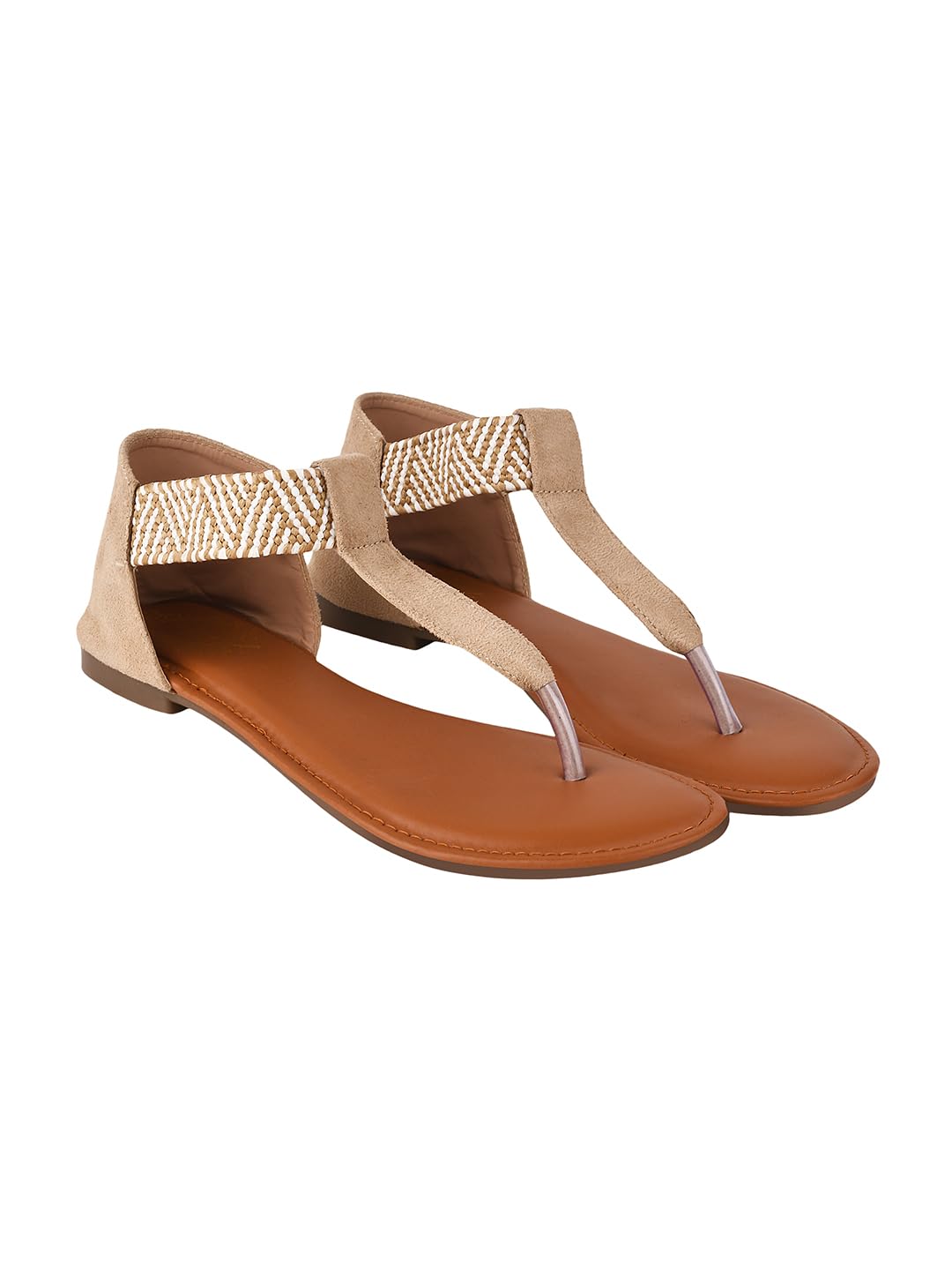 Shoetopia WomenS Ethnic Style T-Strap Sandals Cream Chevron Ankle Strap Flats For Casual & Festive Comfortable & Stylish Party