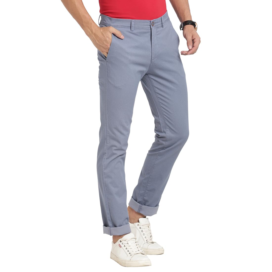 Turtle Men Cotton Stretch Light Blue Printed Narrow Fit Casual Trouser