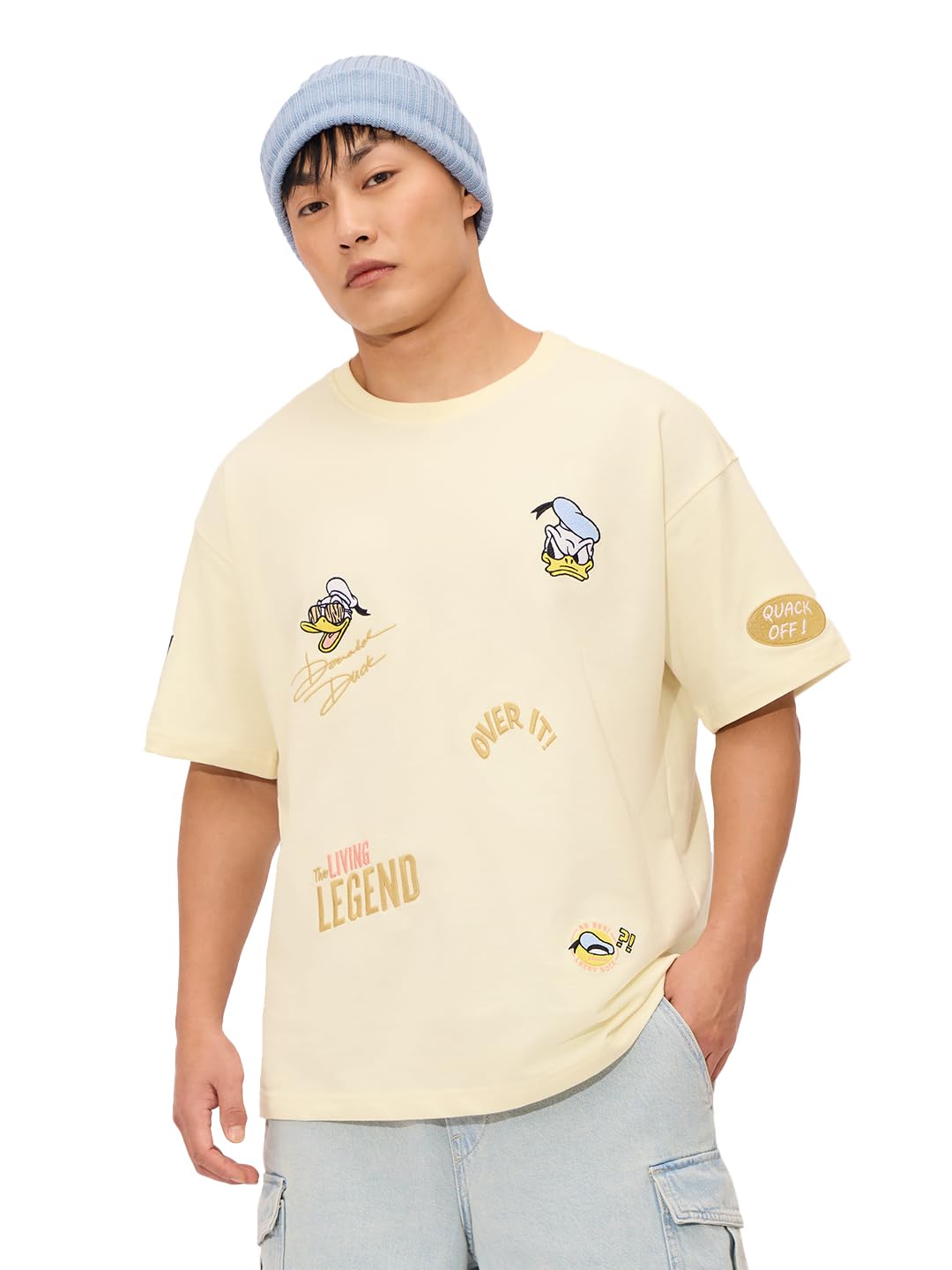 The Souled Store Official Donald Duck: Quack Off Men and Boys Short Sleeves Round Neck Yello Embroidered Cotton Oversized T-Shir