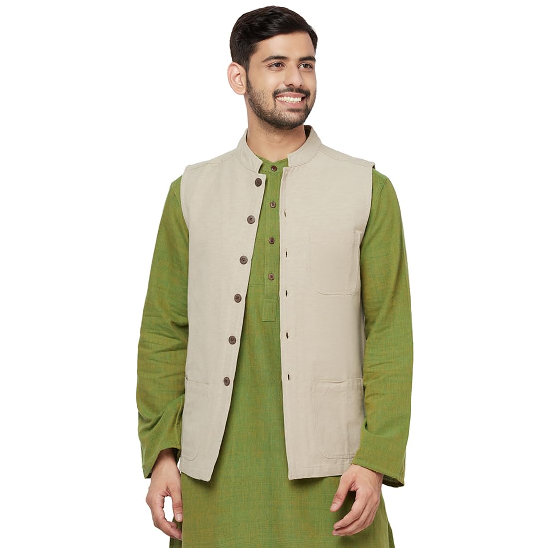 Fabindia MenS Beige Cotton Bhagalpur Chinese Collar Nehru Jacket (101782703