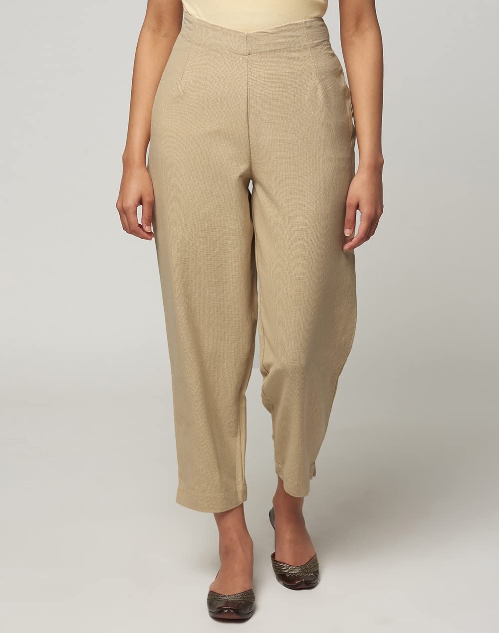 Fabindia Women's Beige Cotton Solid Slim Fit Pant SLIMCROPPED CL