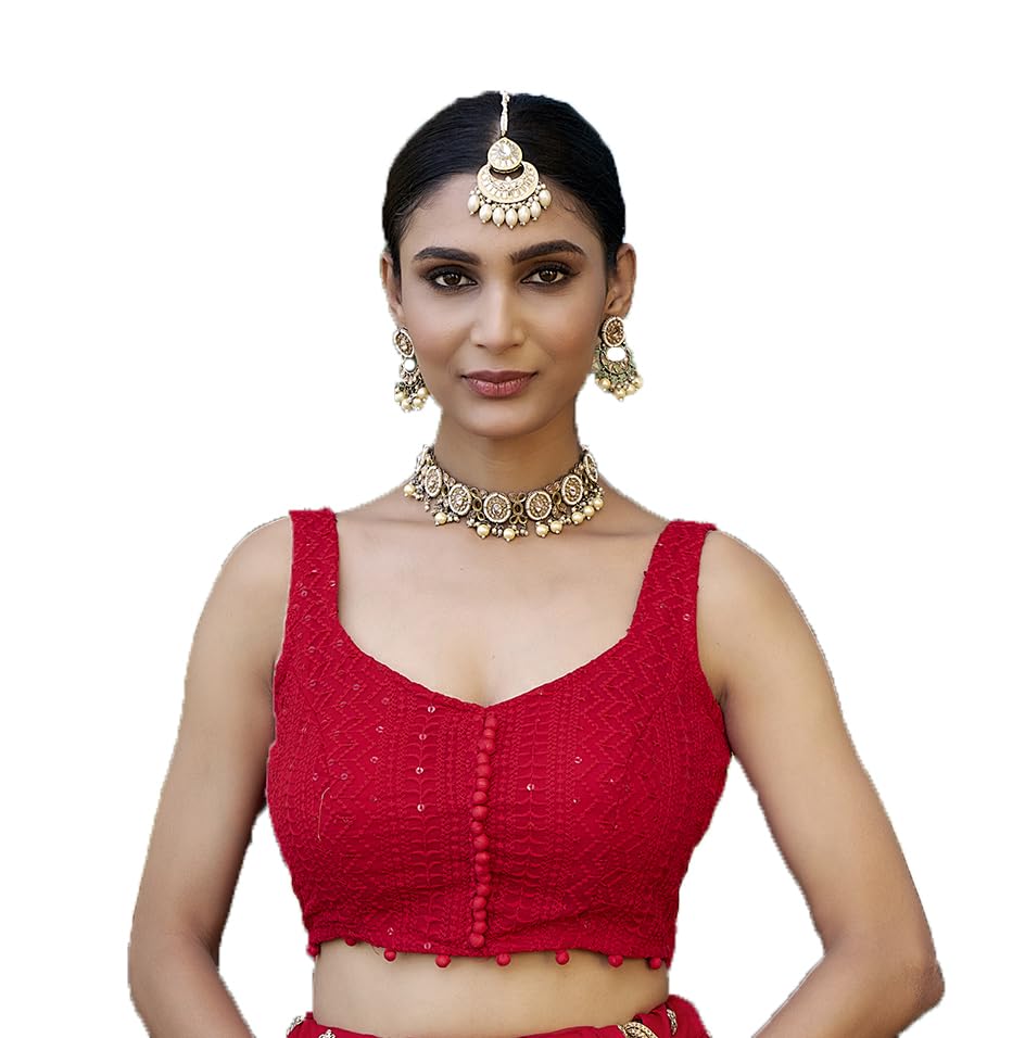 Pujia Mills Womens Readymade Fancy Blouse Embroidery Lucknowi Work Sequence Work Indian Ethnic Designer Sleeveless Blouse Ready