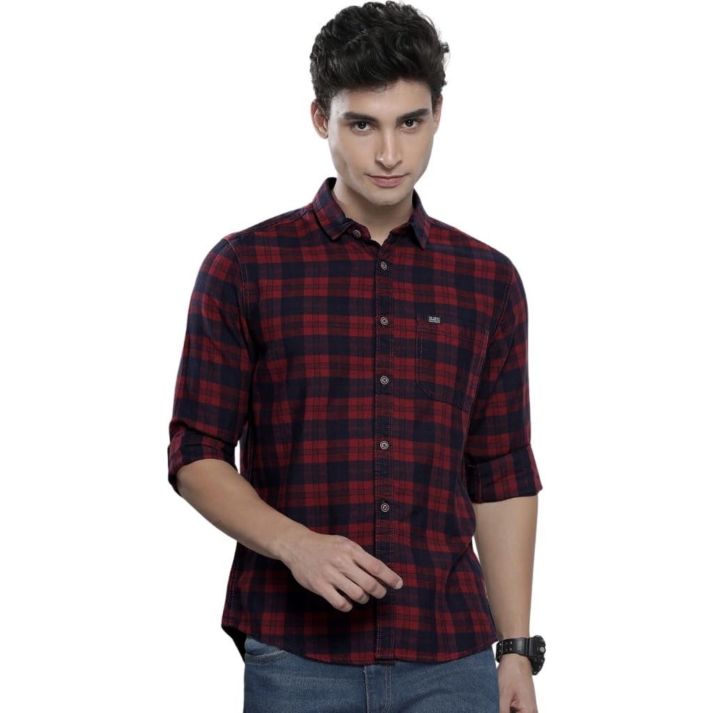 The Indian Garage Co Red Regular Fit Spread Collar Checkered Long Sleeves Shirt