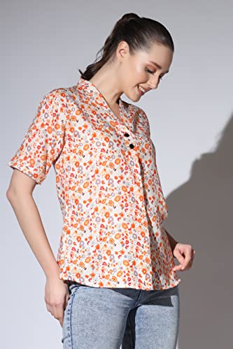 Greciilooks Western Top For Women - Woven Flower Printed Design & Split V Neck Short Stand Collar Top For Girls Suitable For Wor