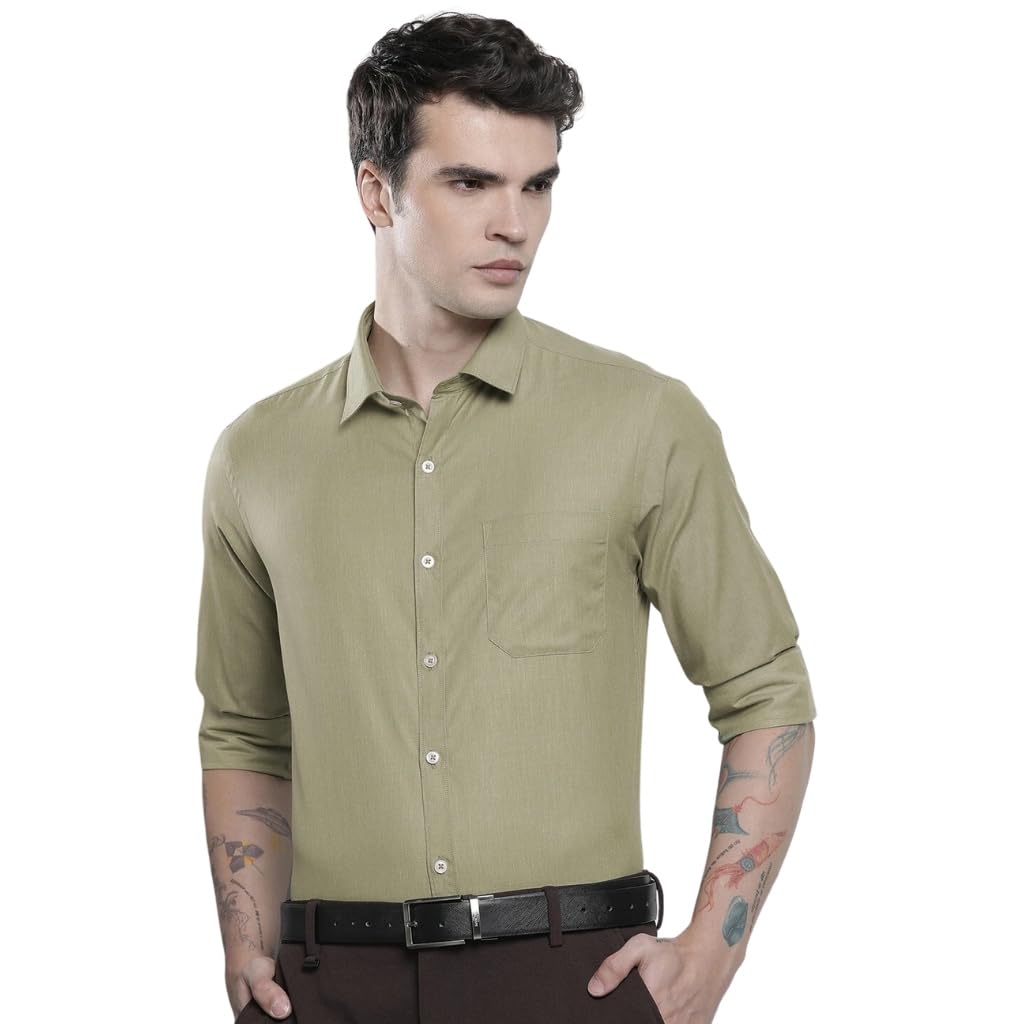 The Indian Garage Co Men Green Solid Slim Fit Cotton Formal Shirt