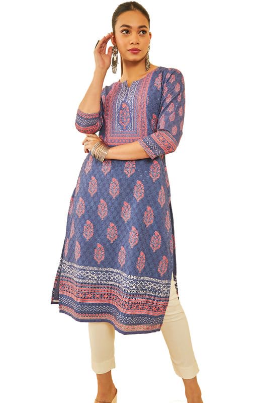 Soch Womens Blue Cotton Floral Printed Kurta with Thread Work & Sequins
