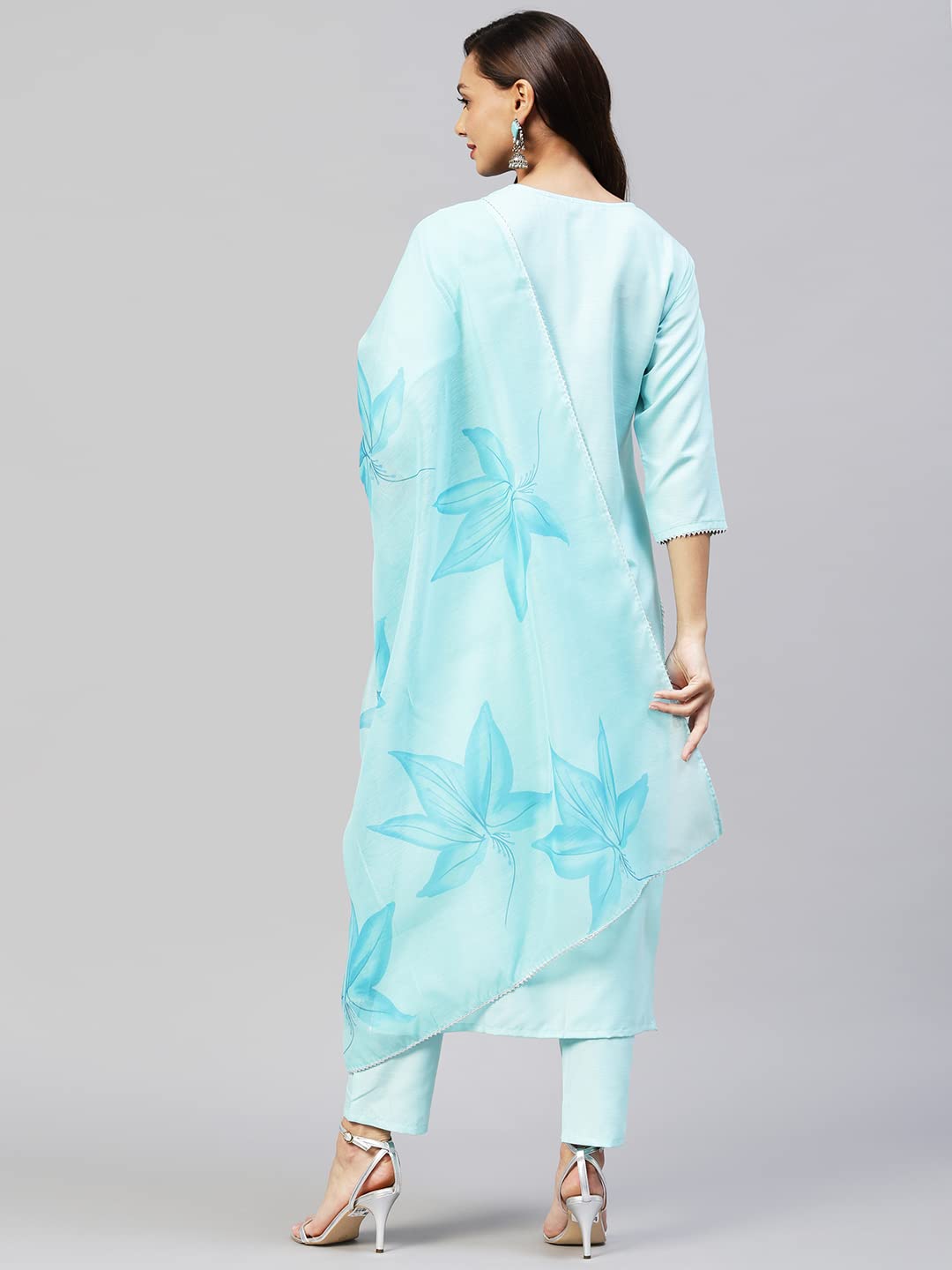 GoSriKi Women's Cotton Blend Straight Solid Kurta with Pant & Dupatta (Resoti Nw)