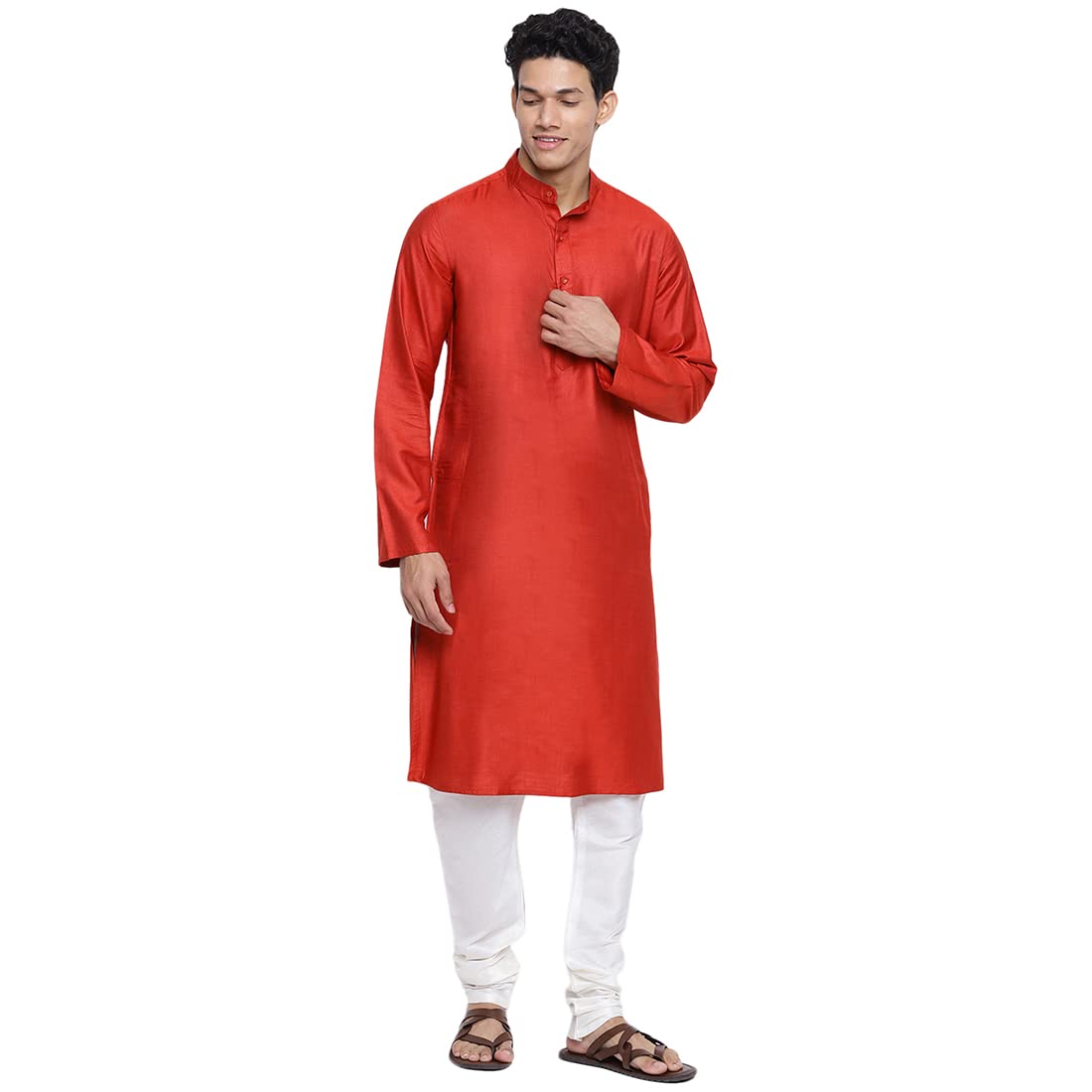 Fabindia Men Viscose Silk Chinese Collar Long Kurta Red_S