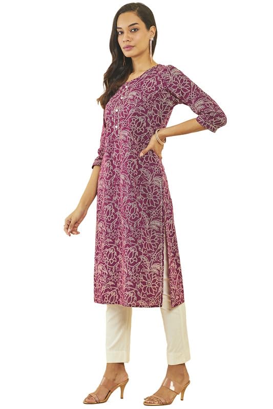 Soch Womens Cotton All-Over Floral Print Straight Kurta with Gota Patti Details