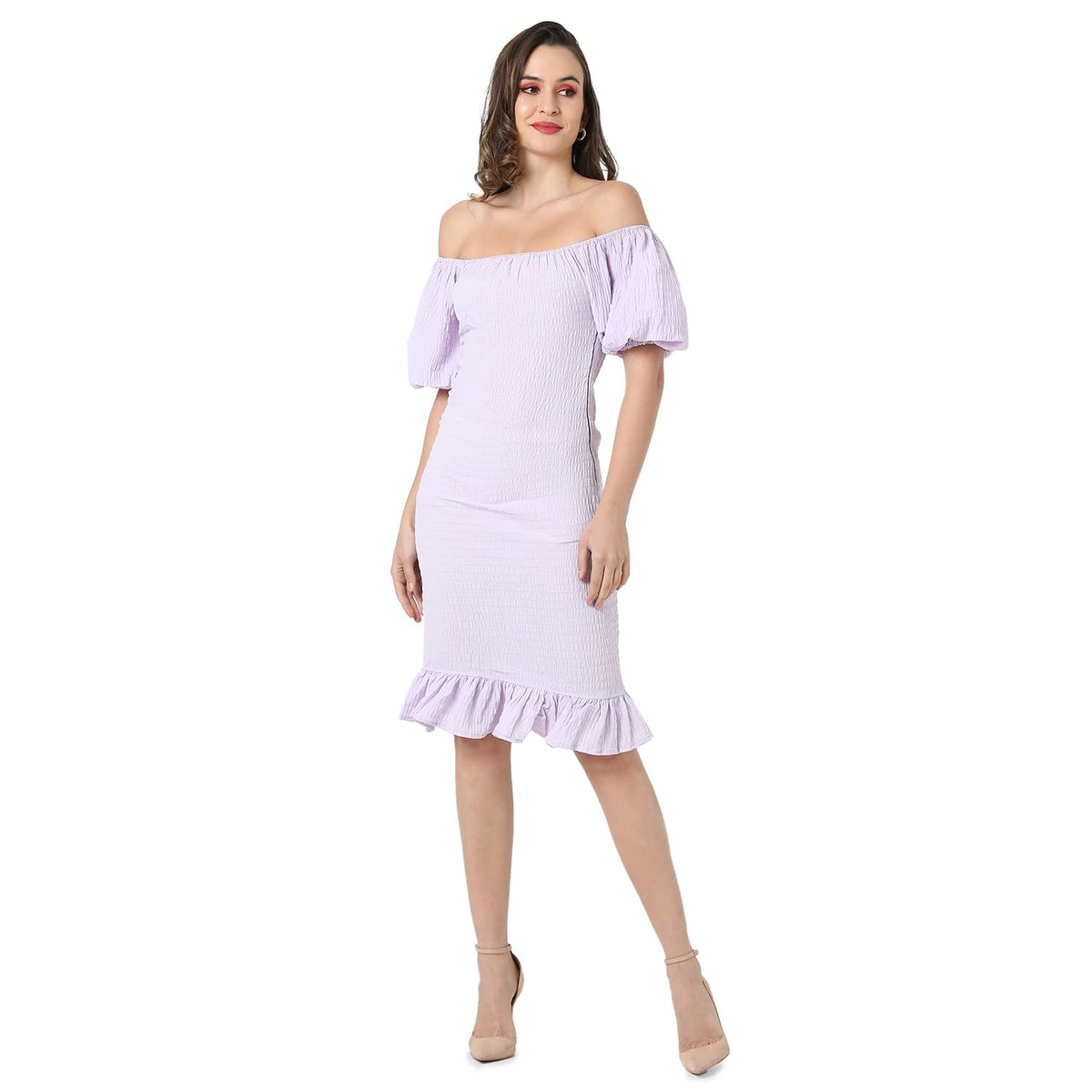 Campus Sutra WomenS Lilac Puff-Sleeved Creased Dress For Casual Wear | Off-Shoulder | Short Sleeve | Pull On Closure | Dress Cr