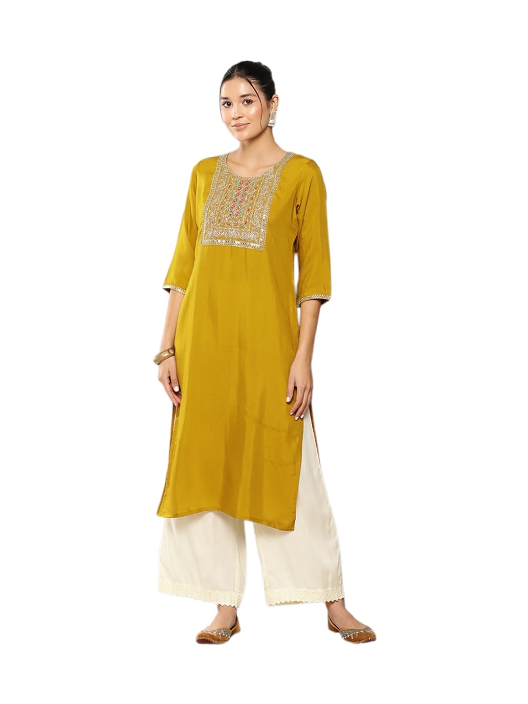 Aarika Womens Mustard Colour Zari Thread Mirror Embroidery Cotton Kurti (M-3Xl)