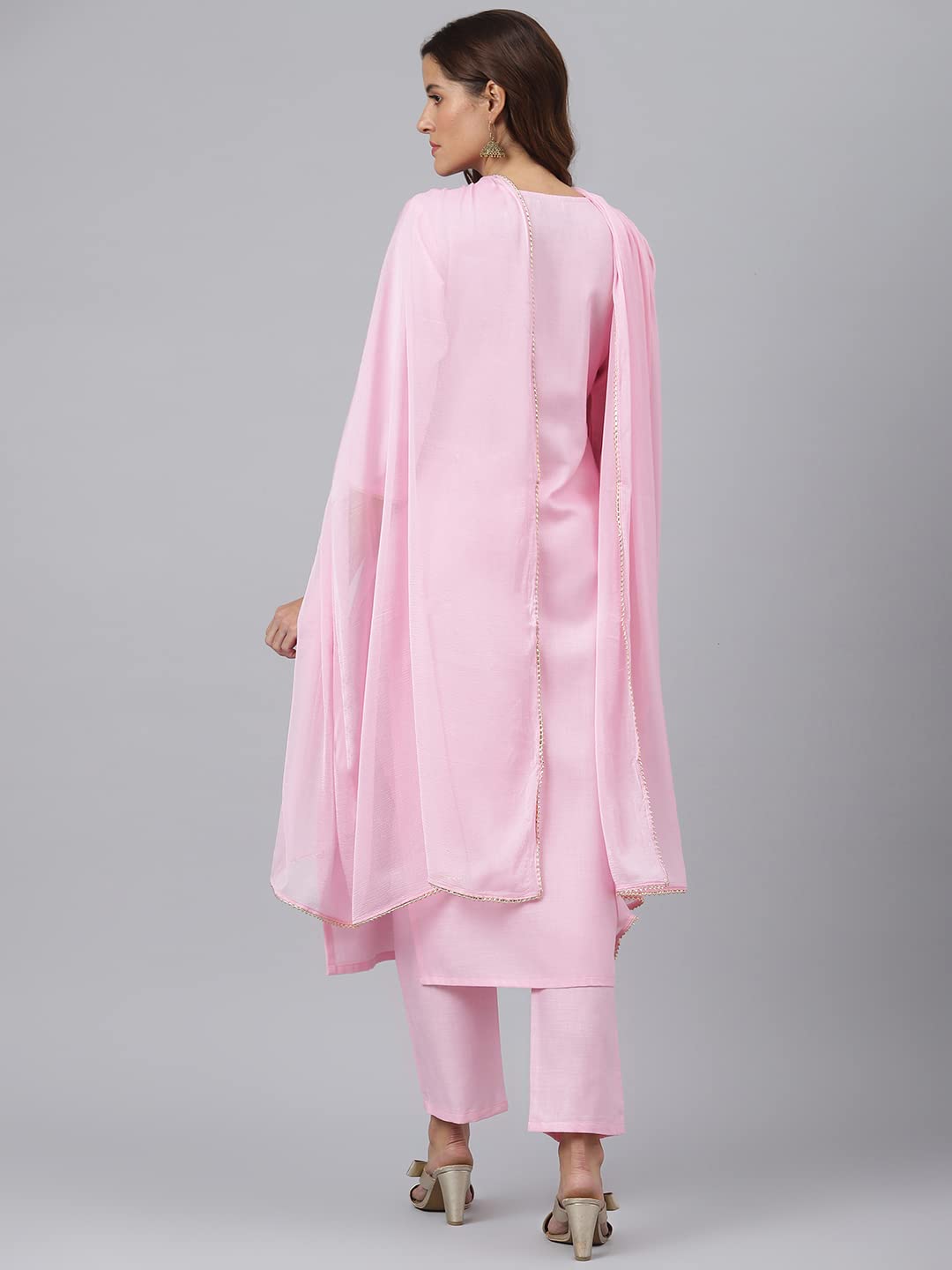 GoSriKi Women's Cotton Blend Straight Solid Kurta with Pant & Dupatta (Ramaneey_New-GO)
