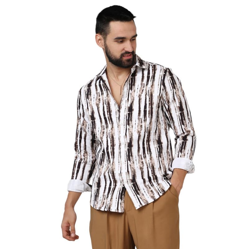 Campus Sutra Mens Beige & Black Ombre Strokes Shirt for Casual Wear | Spread Collar | Long Sleeve | Button Closure | Shirt Craf