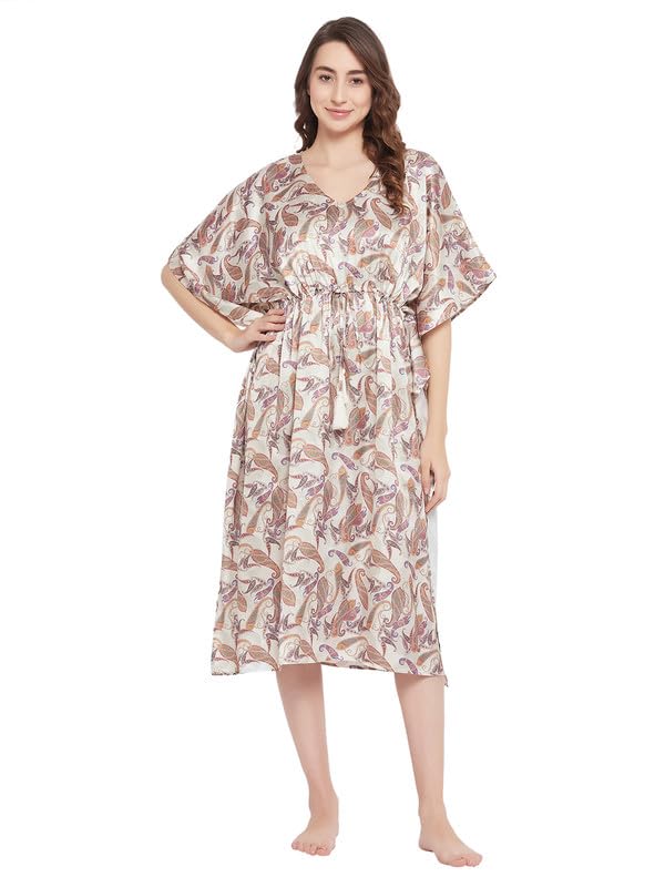 Clovia Womens Satin Printed Short Kaftan (NS5865R24_Beige_XL)