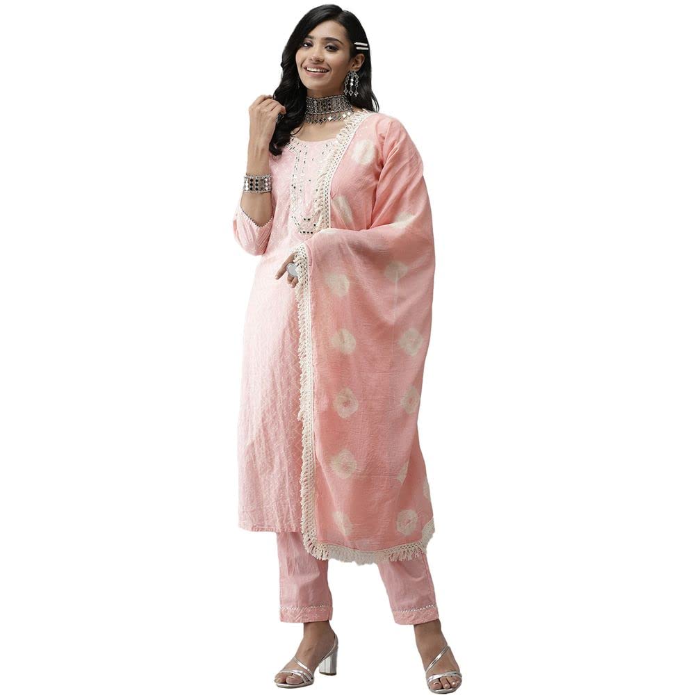 anubhutee Womens Pink Yoke Design Regular Gotta Patti Pure Cotton Kurta Suit Set with Palazzos & Dupatta