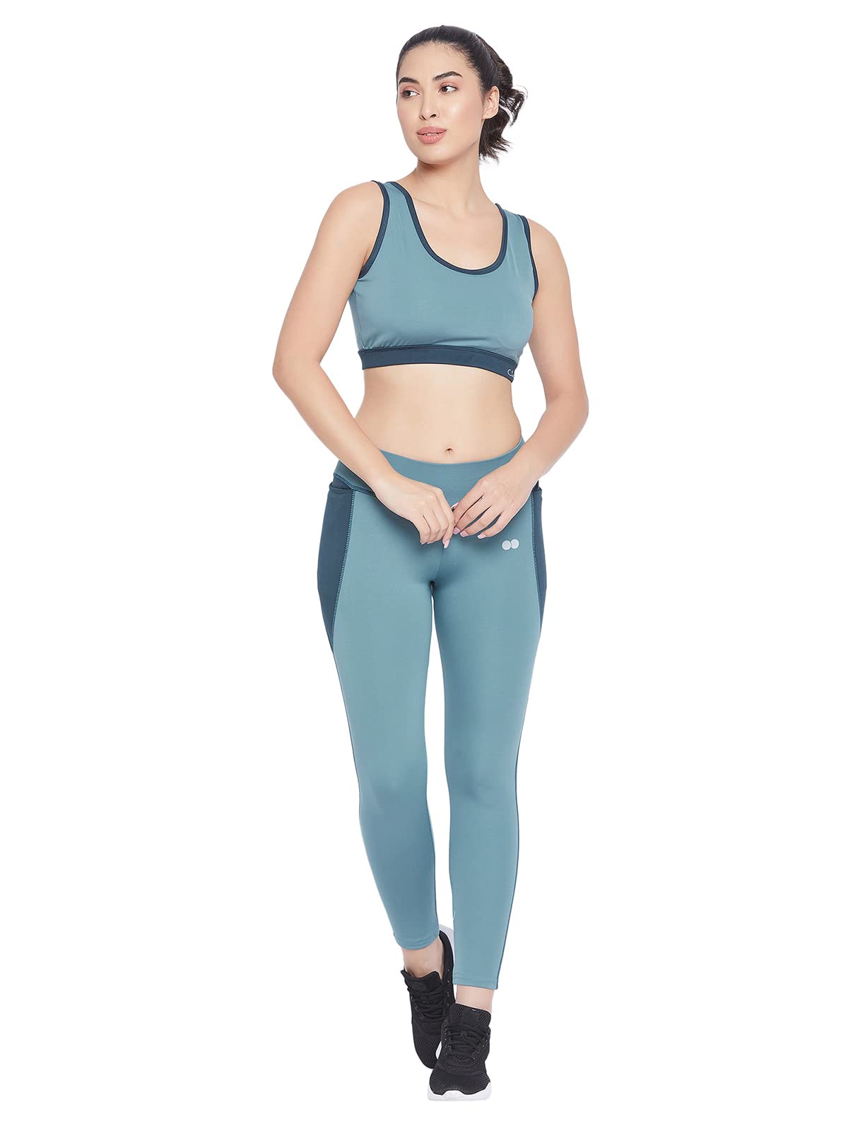 Clovia Womens Activewear Ankle Length Tights & Padded Wirefree Sports Bra Set (COMBAT136_Blue_XL)