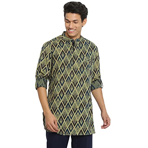 Fabindia Men Collar Cotton Cambric Slim Fit Short Printed Kurta Chinese_M Olive