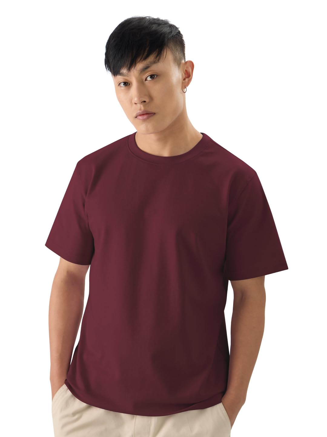 The Souled Store Solids: Deep Red Men and Boys Short Sleeve Round Neck Regular Fit Cotton T-Shirts