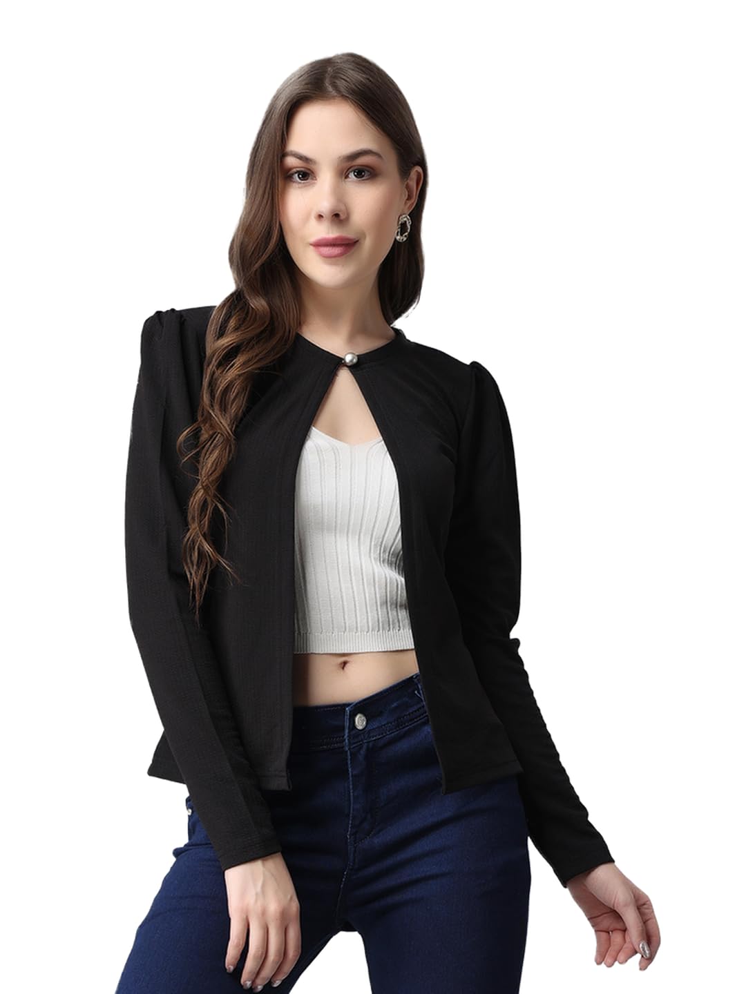 POPWINGS Women Black Open Front Shrug