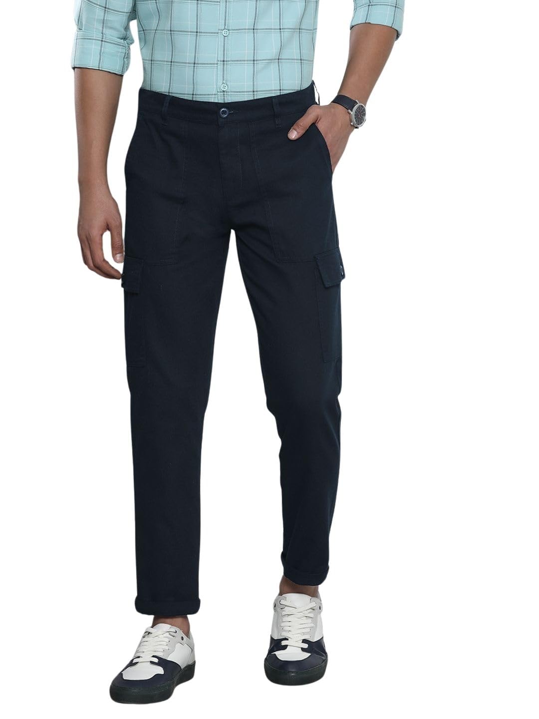 The Indian Garage Co Men Slim Fit Solid Mid-Rise Cargos Navy