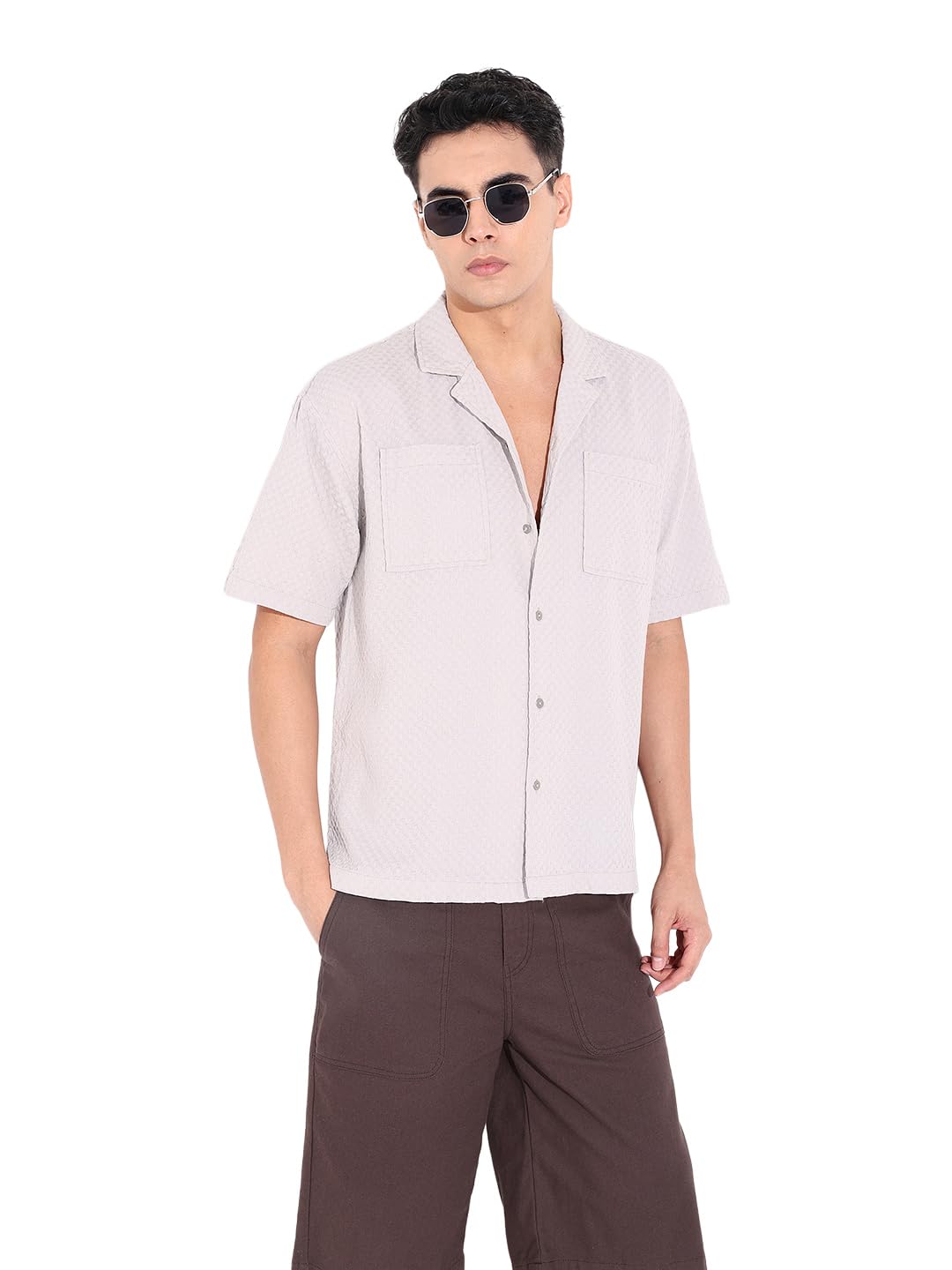 The Indian Garage Co Mens Relaxed Fit Geometric Print Cuban Collar Half Sleeves Resort Sweater