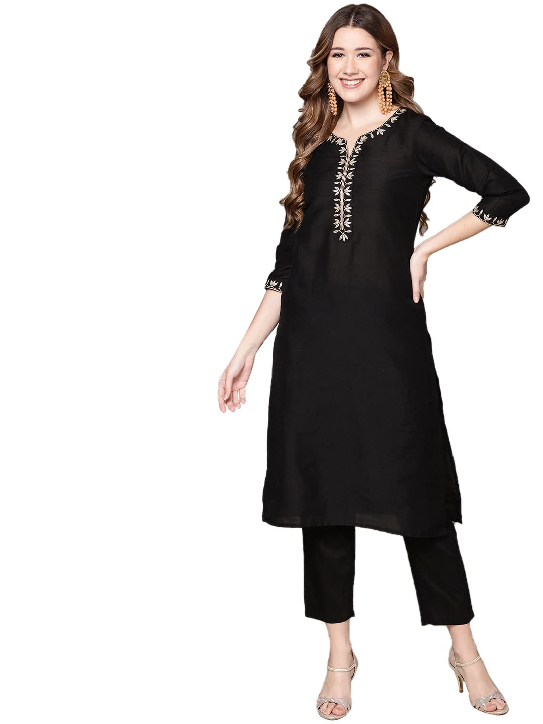 Anubhutee WomenS Cotton Black Ethnic Motifs Zari Work Embroidered Straight Kurta Suit Set With Trousers