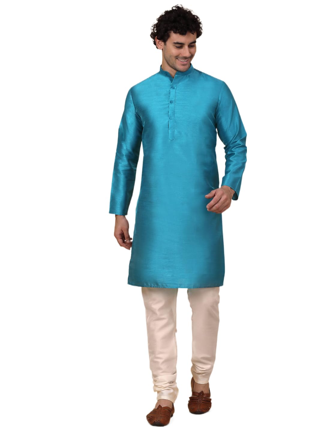 Jompers Mens Solid Dupion Silk Kurta Churidar Set