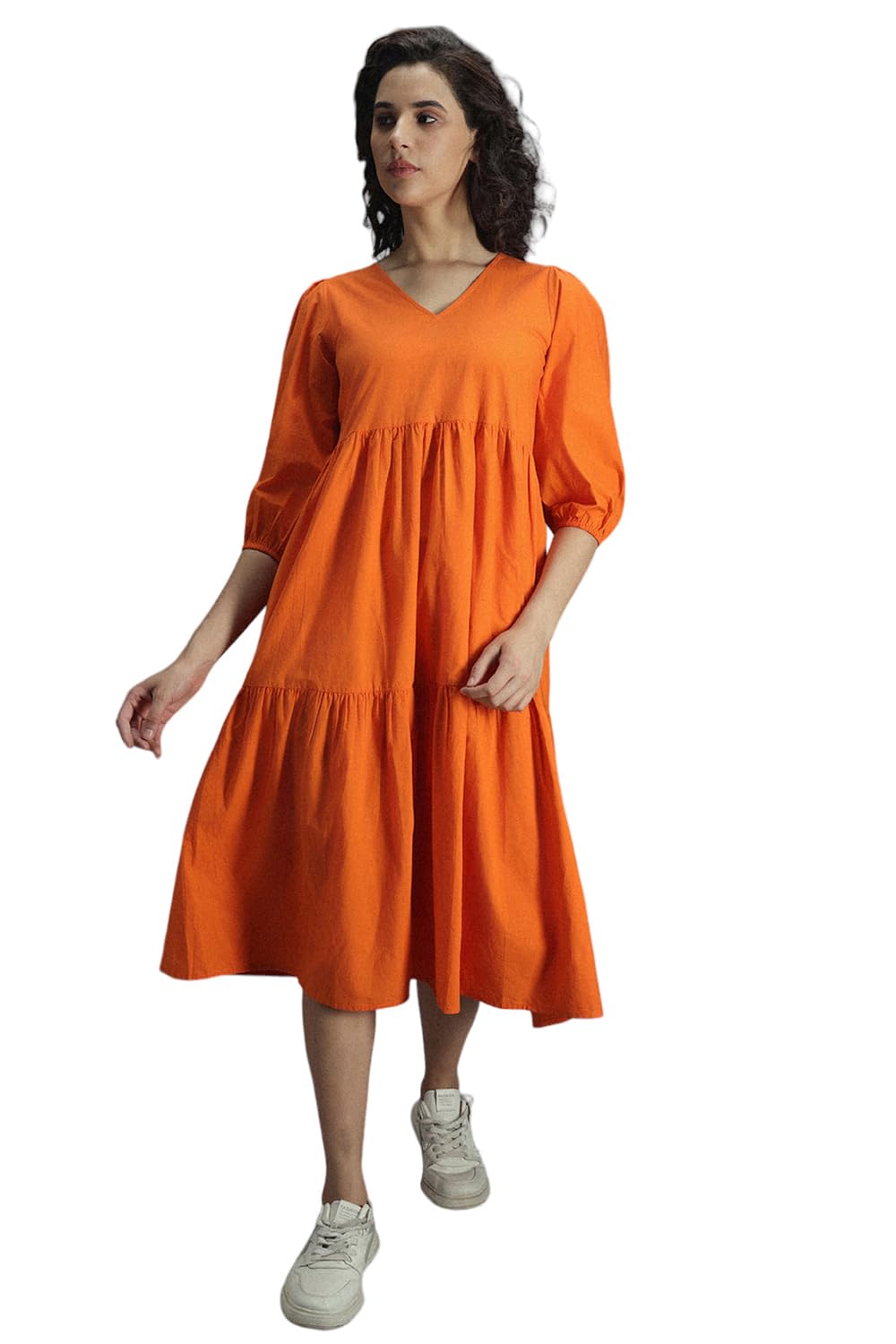 High Star WomenS Cotton Pleated Maxi Casual Dress (Hswdrs23005_Or_Orange
