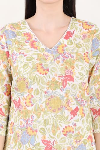 White Floral Printed Pure Cotton Straight Kurta with Lace on Neck