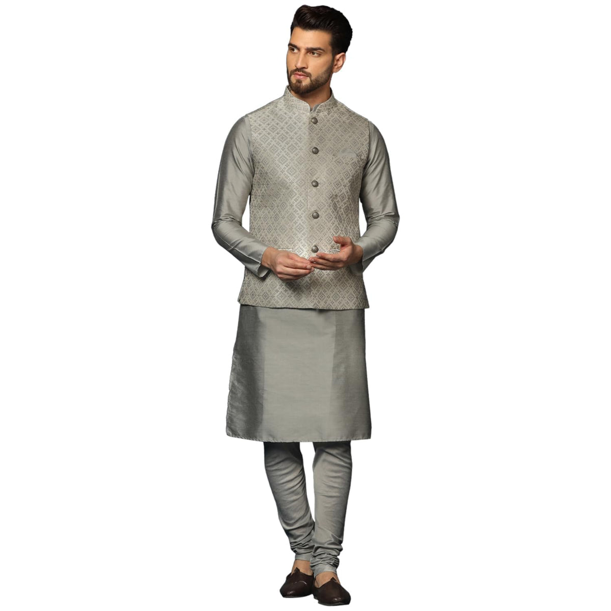 Kisah MenS Silver Kurta Jacket Churidar Set Cotton Blend, Woven Design, Full Sleeves, Straight, Regular Fit, Mandarin Collar Et