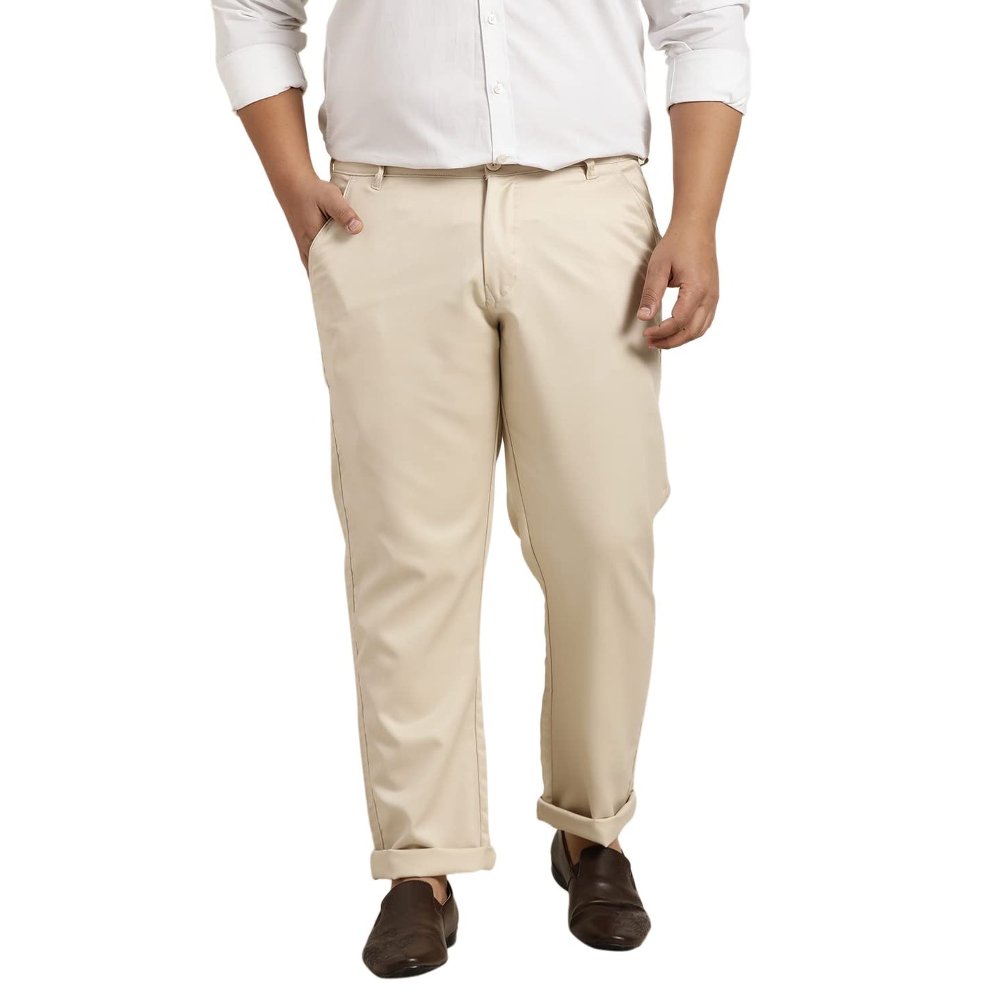 SOJANYA Plus (Since 1958) Men's Cotton Blend Beige Solid Trousers, Size: 40