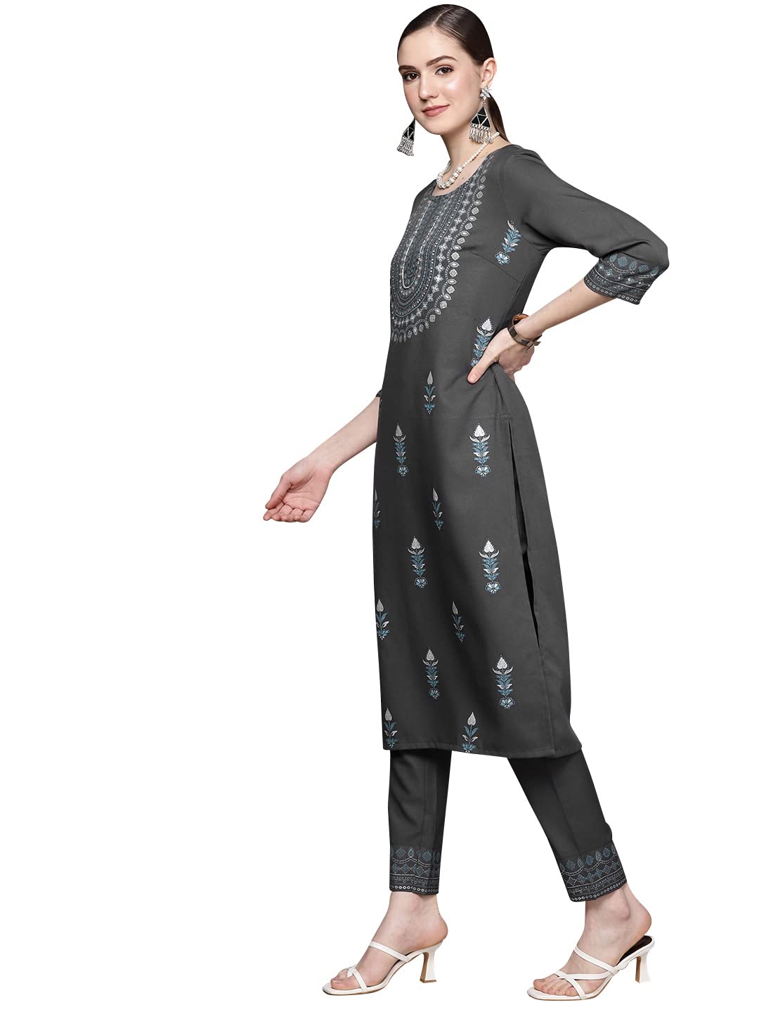 ZIYAA Women's Grey Rayon Straight Kurta And Pant Set(ZIKURY3910ANDPA)