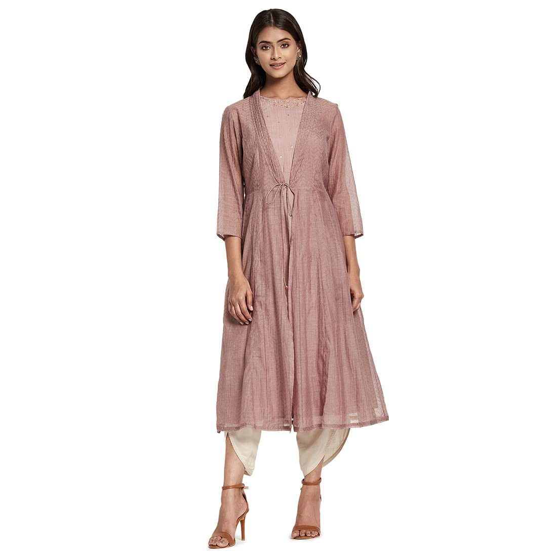 Fabindia Women Cotton Silk Embroidered Long Kurta Pink_L