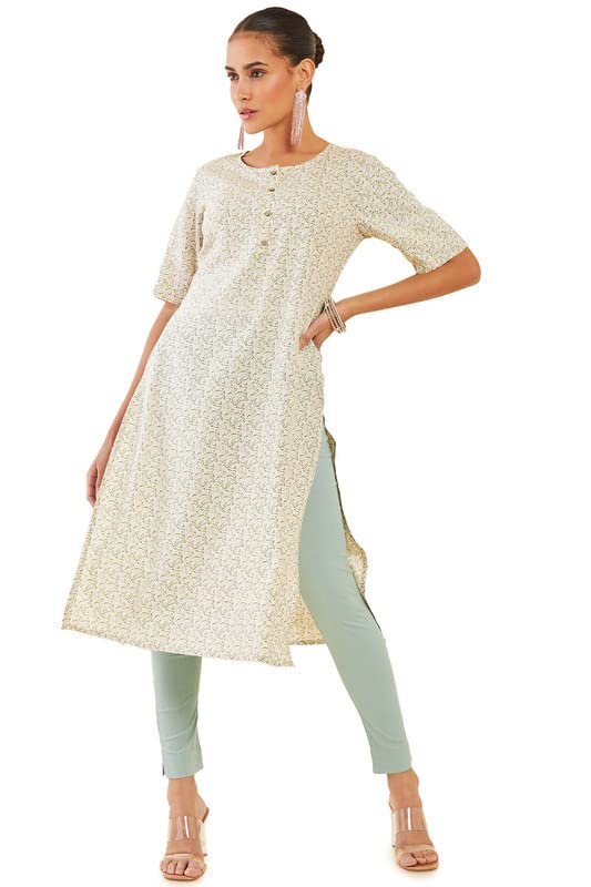 Soch Women Light Yellow Rayon Straight Kurta With Floral Print