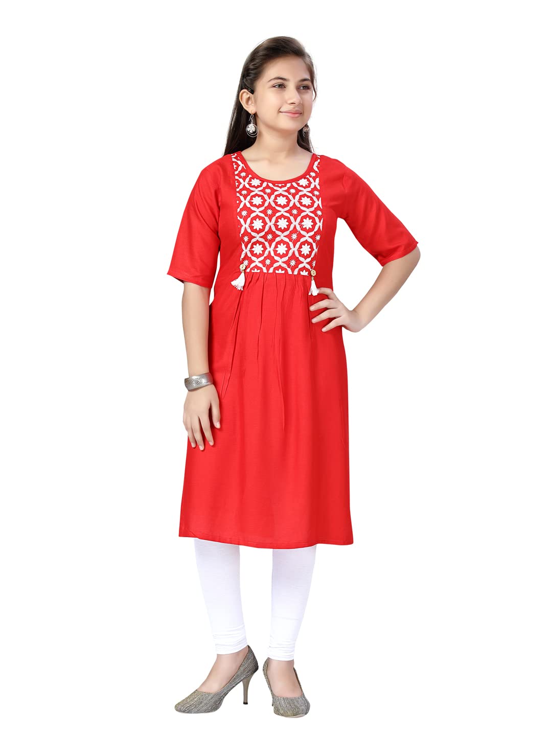 Muhuratam Cotton Girls Red-White Color Kurti Legging Set (Kl-H-6 32)