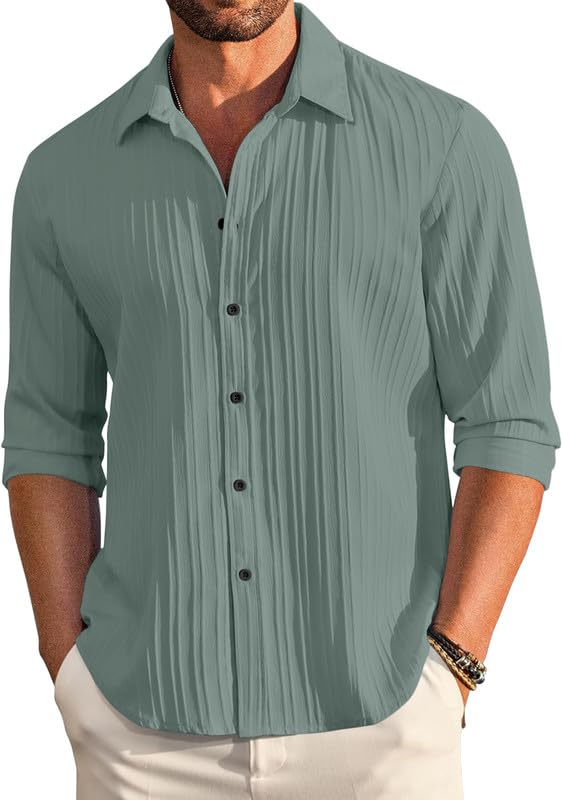 ROYALSCOUT Textured Mens Casual Shirt Perfect for Cultural Gatherings, Relaxed Outings, or Smart Daily Dressing Green