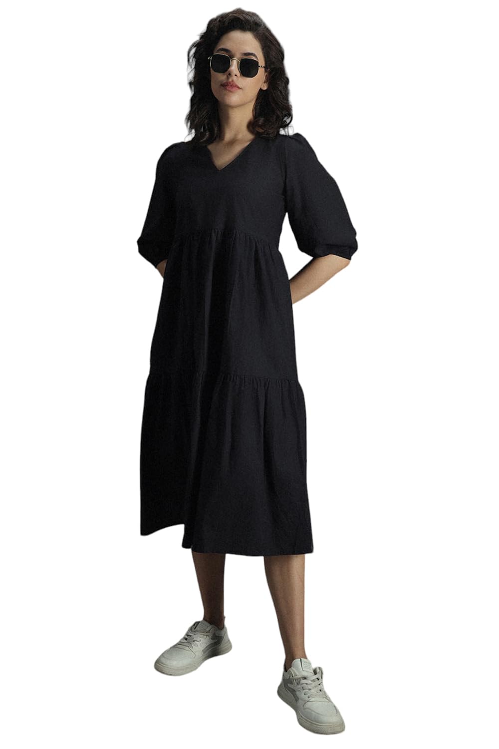 High Star WomenS Cotton Pleated Maxi Casual Dress (Hswdrs23005_Bk_Black