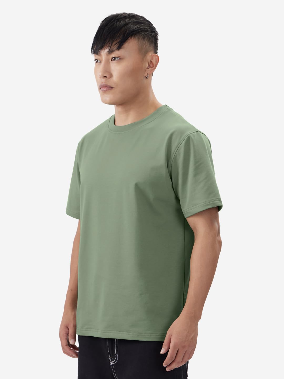 The Souled Store Solids: Mossy Green Men and Boys Short Sleeves Round Neck Regular Fit Cotton Blend T-Shirts