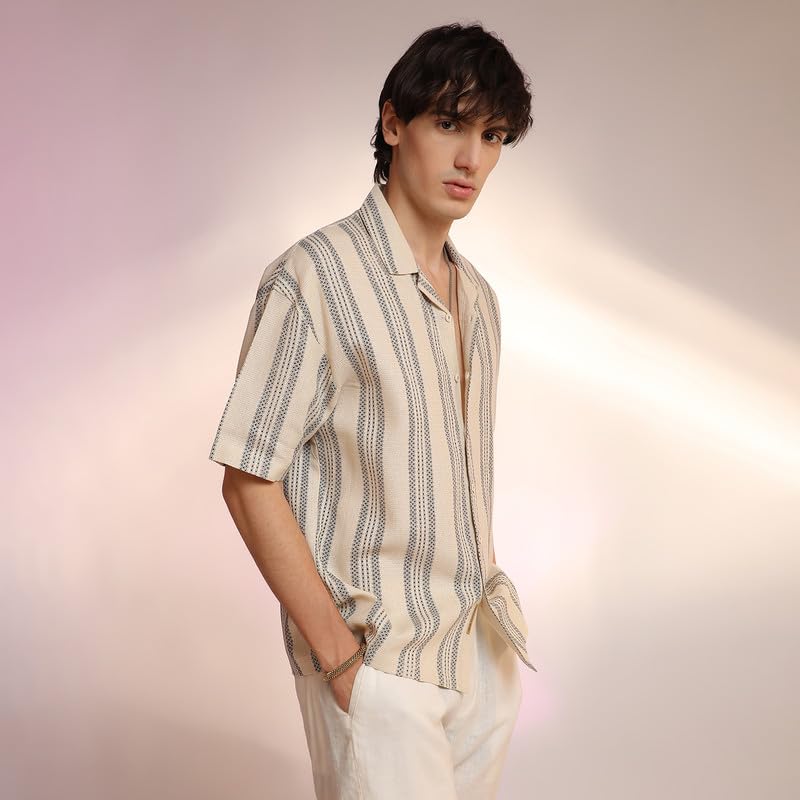 Campus Sutra Mens Saltbox Beige Woven Striped Oversized Shirt for Casual Wear | Cuban Collar | Short Sleeve | Button Closure |