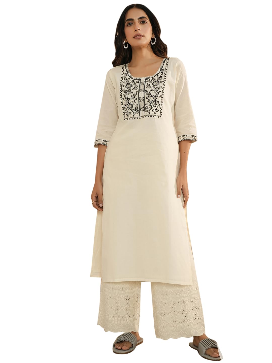 Libas WomenS Cotton Yoke Design Straight Kurta (26721_Off White