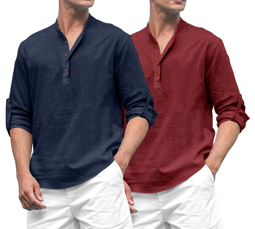 Royalscout Combo Of MenS Solid Cotton Blend Full Sleeve Straight Kurta Shirt (Pack Of 2) Navy-Maroon